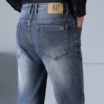 2023 Jeseň Nové Pánske Rovné Džínsy Vintage Voľné Polovice Pás Fúzov Umyté Džínsové Nohavice Business Bežné Značky Oblečenie Nohavice