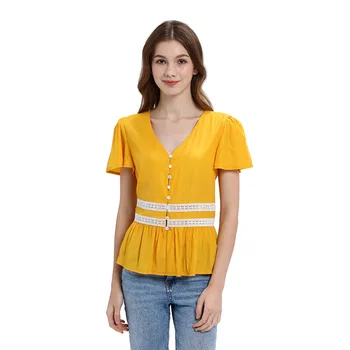 2023 Nové Elegantné Tenké Pletený Sveter Žltá T-shirt Ženy Krátke Rukáv V krku Bavlna Vintage Knitwear Topy Štýlové Módne
