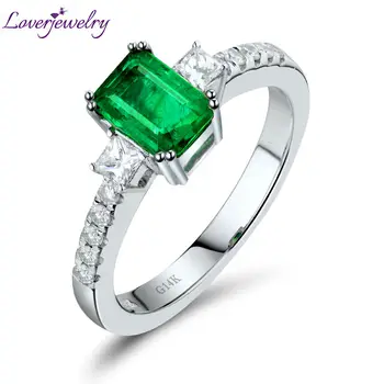 LOVERJEWELRY Reálne 14K Bieleho Zlata Krúžok pre Ženy Emerald Rez Prírodné Zelené Kamene, Kvalitné Diamanty Emerald Krúžky Originálne