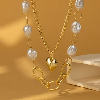 Nepravidelný Imitácia Perly Srdce Dvojvrstvové Náhrdelník Pre Ženy Módny Trend Dámy Viacvrstvových Náhrdelník Šperky Veľkoobchod