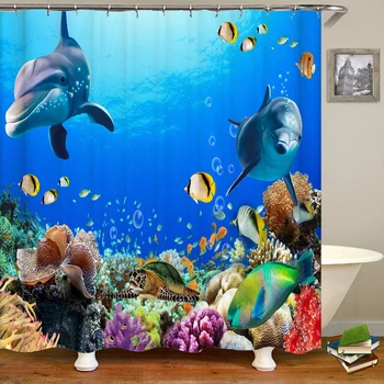 Dolphin Sprchový Záves, Modrá Podmorský Svet Morský Život , Polyesterové Tkaniny Deti Oceáne Motív Kúpeľňa Decor Set s 12 Háčiky
