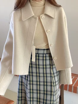 Pevné Vlny Kabát Ženy Jeseň Zima 2023 Kórejský Módne Bežné Singel Svojim Tweed Bunda Vintage Dlhý Rukáv Coats