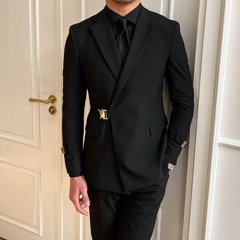 Britský Štýl Čierne Sako Muž Elegantný Pán, Business Bežné Profesionálne Formálne Šaty Telo Pás Dvojité Breasted