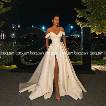 A-line Prom Šaty 2023 Jar Satin ramena V Krku Vysokej Štrbinou Dlhé Večerné Šaty Formálne Elegantné Vestidos De Gala