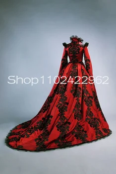 Červená Čierna Viktoriánskej Renesancie Kráľovná Prom Šaty s Cape Dlhý Rukáv Štandardné Krku Halloween Kostým, Večerné Šaty