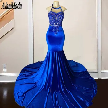 Kráľovská Modrá Morská Víla Šaty Ples Pre Black Dievčatá 2024 Luxusné Plavky S Uväzovaním Za Lištovanie Party Šaty Večerné Nosenie Zamatové Šaty De Soirée