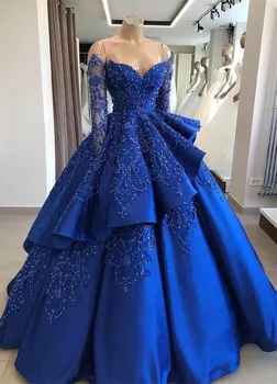 Satin Kráľovská Modrá Luxusné Quinceanera Šaty Dlhé Rukávy Ramena Korálkové Vrstvený Plesové Šaty, Nádherné Prom Party Princess