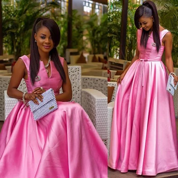 ružová bridesmaid, župan satén afriky svadobný hosť šaty pre ženy sexy v krku elegantné formálne šaty pre špeciálne udalosti