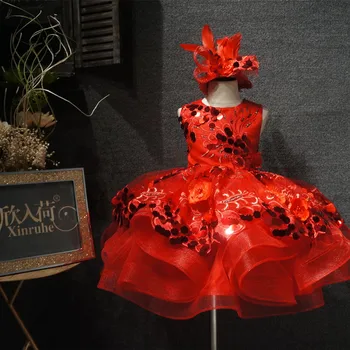 Luxusné Červené Opuchnuté Dieťa Kvetina Dievča Šaty Na Narodeniny Lesklé Flitre Malá Princezná Party Šaty Prvé Sväté Prijímania, Stužkových Loptu Nosenie