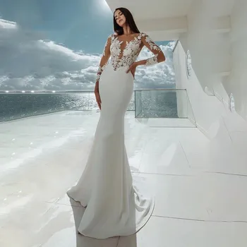 Dlhé Rukávy Morská Víla Svadobné Šaty Biele Sexy Ilúzie Krku Čipky Appliques Elegantné Svadobné Šaty Šaty Na Pláži Vestidos De Noiva