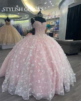 Mexiko Pink Princess Srdiečko Quinceanera Šaty Dievčatá Plesové Šaty, Čipky Korálkové Luk Tull Prom Sweet 16 Vestido De 15 Anos