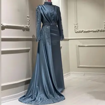 Elegantný Islamský Hidžáb Večerných Šiat, Perlové Prom Šaty s Odnímateľnou Vlak Formálne oblečenie arabčina Dubaj Zvláštne Príležitosti Šaty