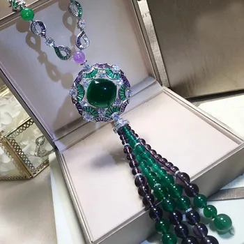 Kvalitné Luxusné Strieborné farba Zelená a Fialová Cubic Zirconia Kvet Dlhý Strapec Korálky Náhrdelník Ženy Hostiny, Šperky