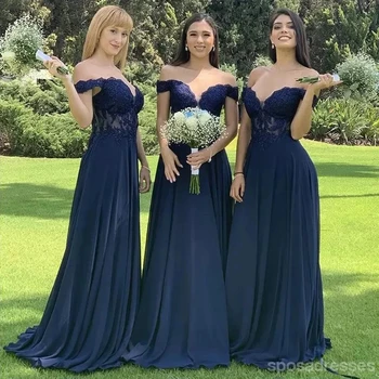 Námornícka Modrá Šifón Bridesmaid, Šaty Čipky Appliques Ramena Prom Šaty Vestido De Festa Maid Of Honor Šaty Plus Veľkosť