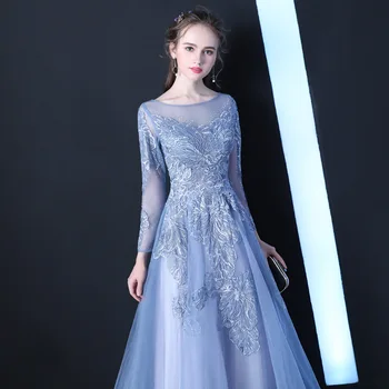 Strana Nevesta šaty koktail maturitné šaty pre špeciálne akcie hostí Čipky Dlho Večeru Modrú Elegantné Spoločenské večerné šaty H892