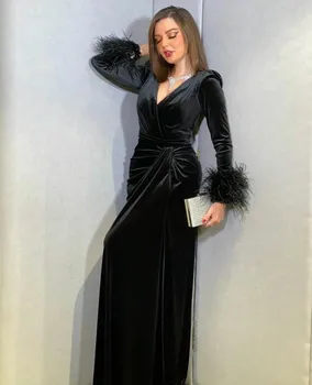Black Arabčina Dubaj Ženy Večer Party Šaty 2024 Tvaru Dlhé Rukávy Velvet Prom Formálne Celebrity Šaty Župan De Soiree