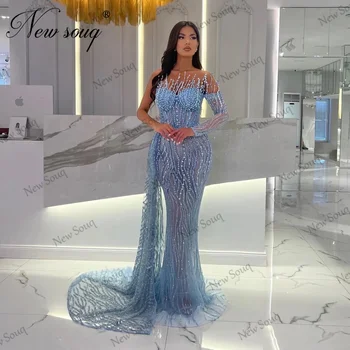Arabský Modrá Lištovanie Večerné Šaty Elegantné 2023 Rúcha Ženy Ilúzie Dlho Prom Šaty Prispôsobiť Strane Vlaku Svadobné Party Šaty