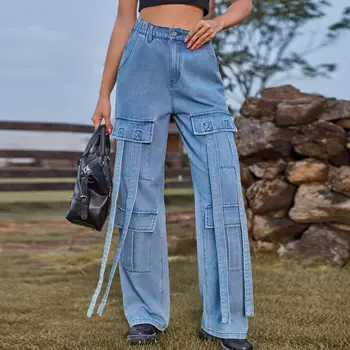 Nový vintage umyté ťažký priemysel streamer denim cargo slacks džínsy neforemné džínsy ženy