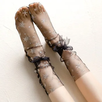 Letné Ultra-Tenké Tylu Ponožky Ženy Transparentnej Čipky Ponožky Žena Shine Star Snowflake Ponožky Dievčatá Stuhou Luku Oka Členkové Ponožky