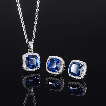 Elegantné Lab Vytvorili Halo Sapphire Luxusné Šperky Set S925 Mincový Striebro Prívesok, Náušnice, Náhrdelník Pre Ženy Zadarmo Doprava Darček