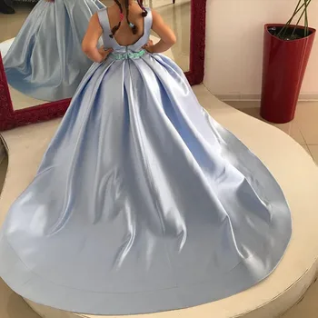 Modrá Jednoduchý Backless Kvetina Dievča Šaty na Svadby Princeznej Deti Večierok Prom Prvé sväté Prijímanie Sprievod Elegantné plesové Šaty