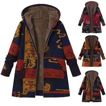 Dámske dlhé rukávy na zips s kapucňou plyšové bavlnená bunda s retro vytlačené farby blok patchwork bunda