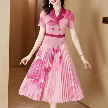 2023 Ženy Kvetinový Patchwork Ružová Skladaný Dlhé Elegantné Šaty Elegantné Dámske Šaty Kórejský Módne, Elegantné Office Lady Šaty